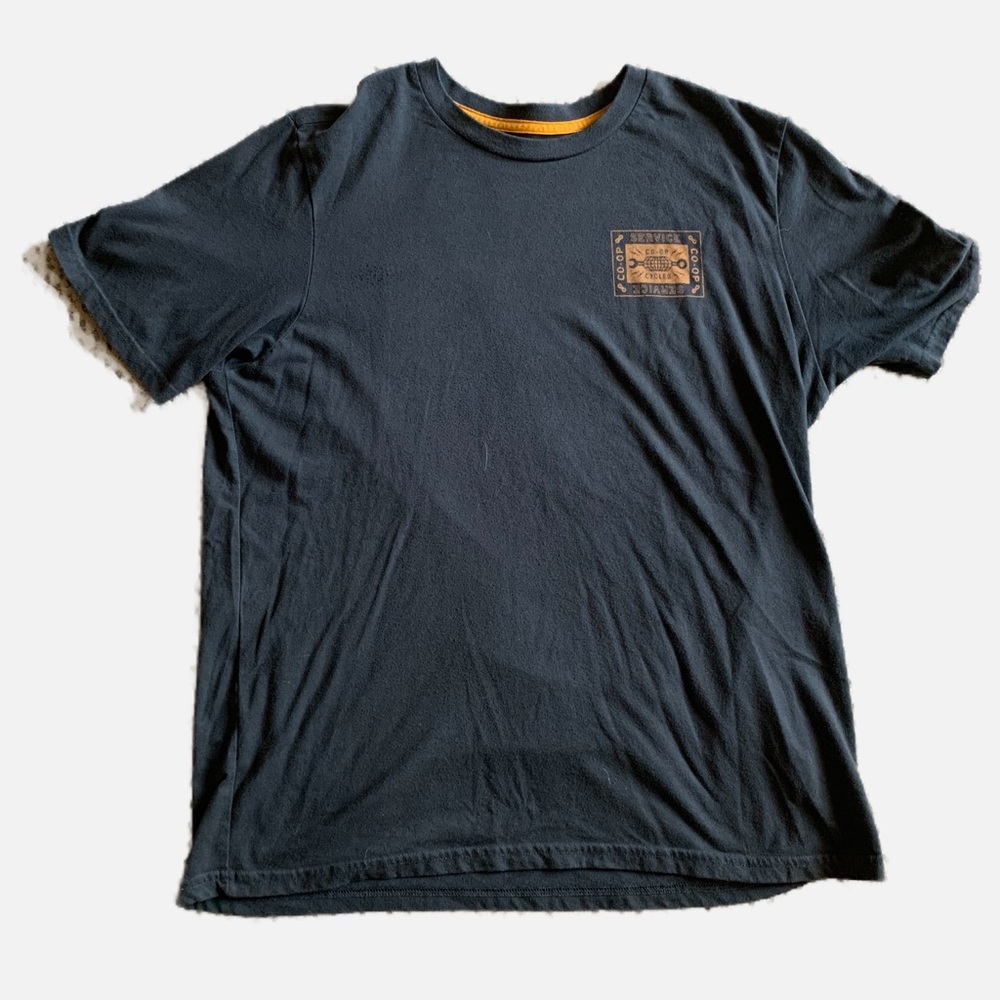 Olive and gold short sleeve T-shirt.  Large.  Co-op cycle service.